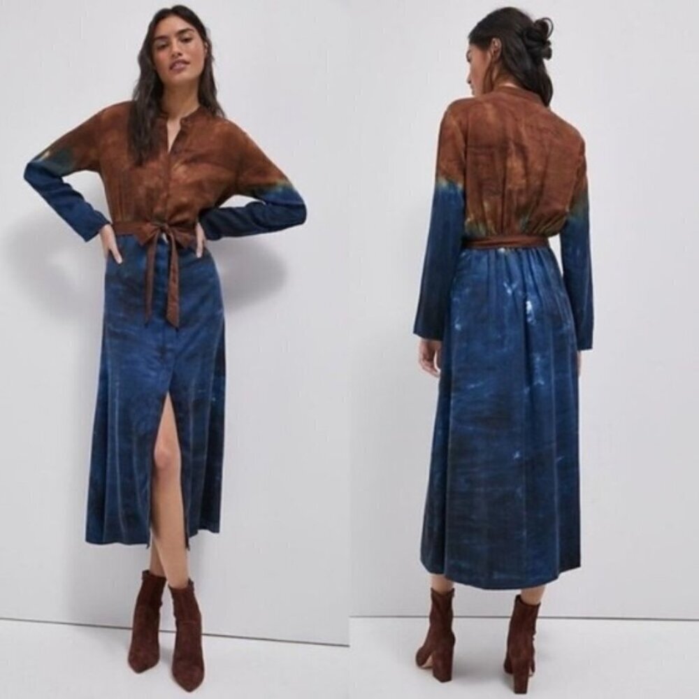Anthropologie Cloth & Stone Perla Midi Shirt Dress Size Small Tie Dye Brown Blue